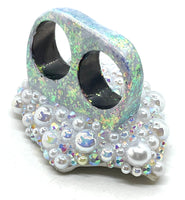 Double Finger Iridescent Unicorn Stone Band Ring with Pearl & Rhinestone Trim sz 11.5 & 12
