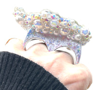 Double Finger Iridescent Unicorn Stone Band Ring with Pearl & Rhinestone Trim sz 11.5 & 12