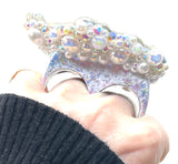 Double Finger Iridescent Unicorn Stone Band Ring with Pearl & Rhinestone Trim sz 11.5 & 12