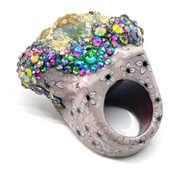 Two Sided Raw Opal Statement Ring with Floral Print and Color Shifting Rhinestone Finish sz 8