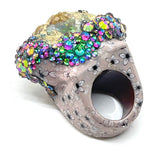 Two Sided Raw Opal Statement Ring with Floral Print and Color Shifting Rhinestone Finish sz 8