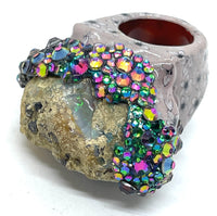 Two Sided Raw Opal Statement Ring with Floral Print and Color Shifting Rhinestone Finish sz 8