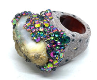 Two Sided Raw Opal Statement Ring with Floral Print and Color Shifting Rhinestone Finish sz 8