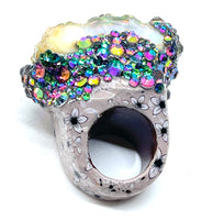 Two Sided Raw Opal Statement Ring with Floral Print and Color Shifting Rhinestone Finish sz 8