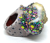 Two Sided Raw Opal Statement Ring with Floral Print and Color Shifting Rhinestone Finish sz 8