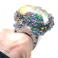 Two Sided Raw Opal Statement Ring with Floral Print and Color Shifting Rhinestone Finish sz 8
