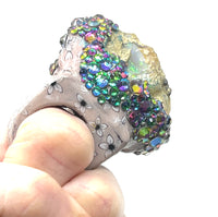 Two Sided Raw Opal Statement Ring with Floral Print and Color Shifting Rhinestone Finish sz 8