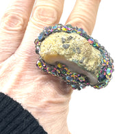 Two Sided Raw Opal Statement Ring with Floral Print and Color Shifting Rhinestone Finish sz 8