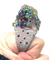 Two Sided Raw Opal Statement Ring with Floral Print and Color Shifting Rhinestone Finish sz 8