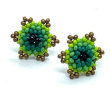 Huichol Beaded Dainty Flower Earrings in Green Combo