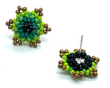 Huichol Beaded Dainty Flower Earrings in Green Combo