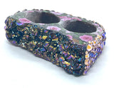 Rainbow Pink Rose Print & Rhinestone Double Finger Ring size 11.5/12