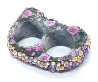 Rainbow Pink Rose Print & Rhinestone Double Finger Ring size 11.5/12