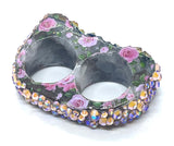 Rainbow Pink Rose Print & Rhinestone Double Finger Ring size 11.5/12