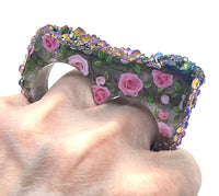 Rainbow Pink Rose Print & Rhinestone Double Finger Ring size 11.5/12