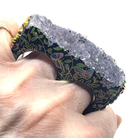 Amethyst and Floral/Butterfly Print & Rhinestone Double Finger Ring size 11.5/12