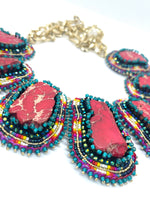 Hand Beaded Tribal Red Jasper Statement Necklace with Chain