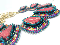 Hand Beaded Tribal Red Jasper Statement Necklace with Chain