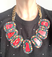 Hand Beaded Tribal Red Jasper Statement Necklace with Chain