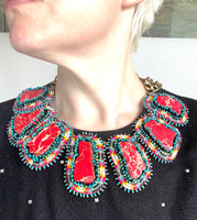 Hand Beaded Tribal Red Jasper Statement Necklace with Chain