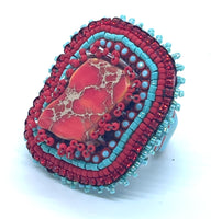 Hand Beaded Red Jasper Red & Aqua Multicolor Laser Motif Ring  sz 6