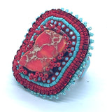 Hand Beaded Red Jasper Red & Aqua Multicolor Laser Motif Ring  sz 6