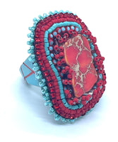 Hand Beaded Red Jasper Red & Aqua Multicolor Laser Motif Ring  sz 6