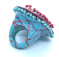Hand Beaded Red Jasper Red & Aqua Multicolor Laser Motif Ring  sz 6