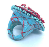 Hand Beaded Red Jasper Red & Aqua Multicolor Laser Motif Ring  sz 6