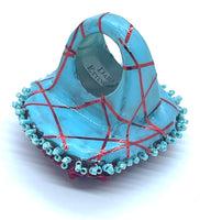 Hand Beaded Red Jasper Red & Aqua Multicolor Laser Motif Ring  sz 6