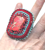 Hand Beaded Red Jasper Red & Aqua Multicolor Laser Motif Ring  sz 6