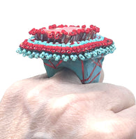 Hand Beaded Red Jasper Red & Aqua Multicolor Laser Motif Ring  sz 6