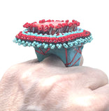 Hand Beaded Red Jasper Red & Aqua Multicolor Laser Motif Ring  sz 6