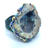 Halo Agate & Amethyst Geode Half Statement Ring size 10