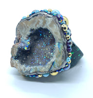 Halo Agate & Amethyst Geode Half Statement Ring size 10