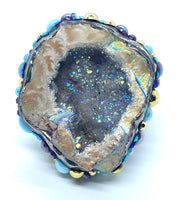 Halo Agate & Amethyst Geode Half Statement Ring size 10