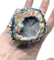 Halo Agate & Amethyst Geode Half Statement Ring size 10