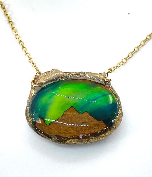 Amazing Aura Opal Wood Aurora Borealis Fire Necklace