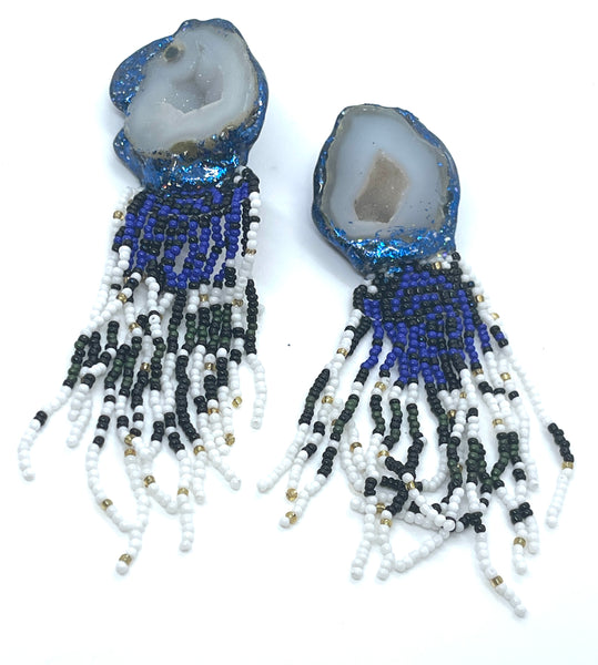 Hand Beaded Tribal Blue Rose Long Dangle Earrings with Geode Posts