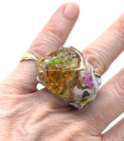 Raw Ethiopian Crackle Opal Statement Ring with Spring Butterfly Print sz 5.5/6