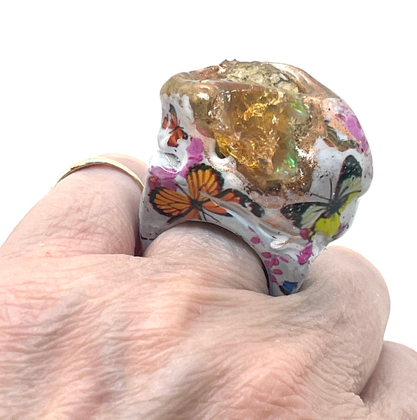 Raw Ethiopian Crackle Opal Statement Ring with Spring Butterfly Print sz 5.5/6