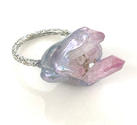 Silver Pink Quartz Cluster Solitaire Ring sz 8/9