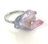 Silver Pink Quartz Cluster Solitaire Ring sz 8/9