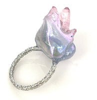 Silver Pink Quartz Cluster Solitaire Ring sz 8/9