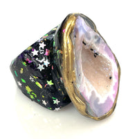 Halo Agate Geode Half Statement Ring size 9