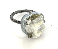 Gunmetal Pyrite Quartz Cluster Solitaire Ring sz 7/8