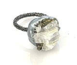 Gunmetal Pyrite Quartz Cluster Solitaire Ring sz 7/8