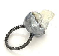 Gunmetal Pyrite Quartz Cluster Solitaire Ring sz 7/8