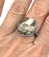 Gunmetal Pyrite Quartz Cluster Solitaire Ring sz 7/8