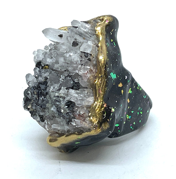 Raw Spheralite & Pyrite Cluster Black & Color Shifting Glitter Statement Ring sz 9.5-10
